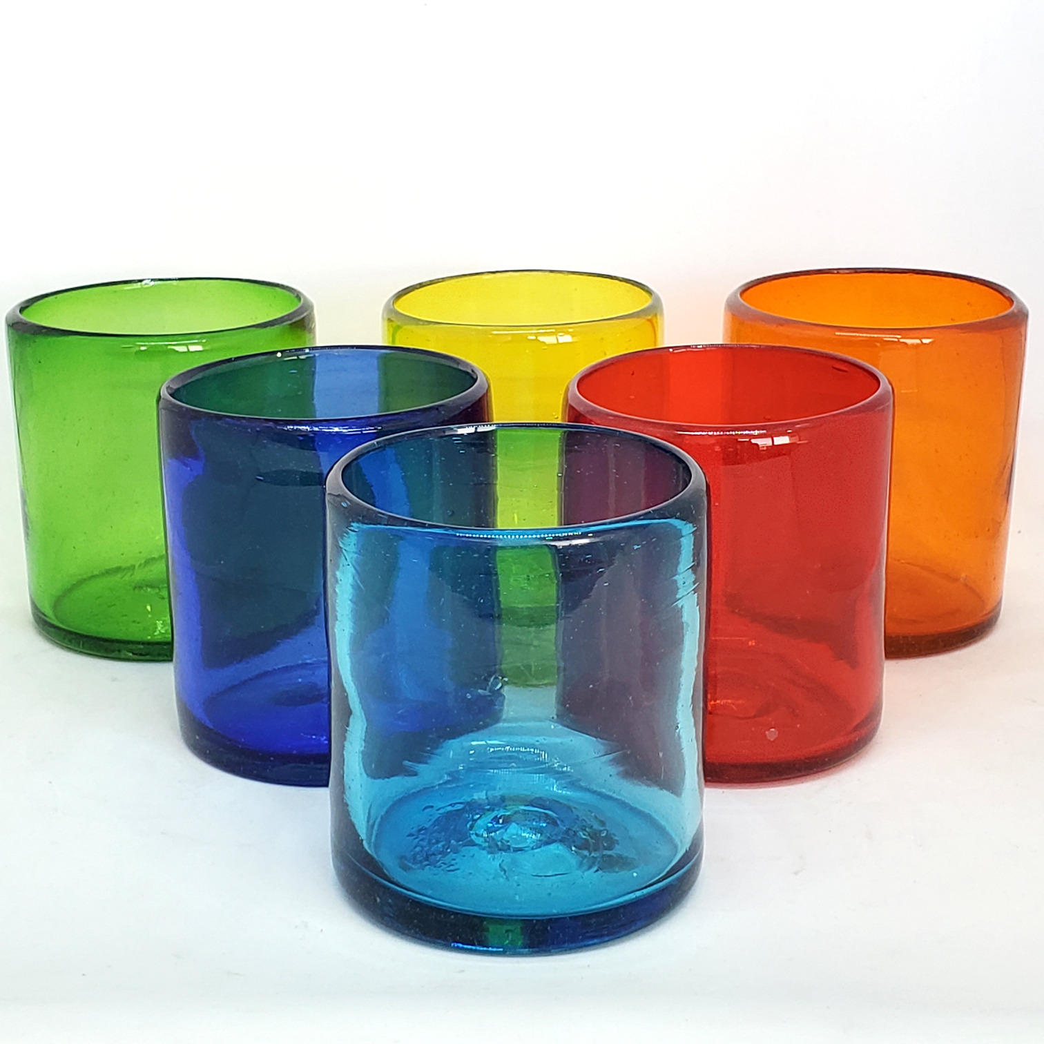 MEXICAN GLASSWARE / Rainbow Colored 9 oz Short Tumblers (set of 6) / Enhance your favorite drink with these colorful handcrafted glasses.
